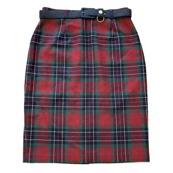Wool Plaid Pencil Skirt Red/Green Tartan with Belt Vintage Proportion Petites - Picture 1 of 6